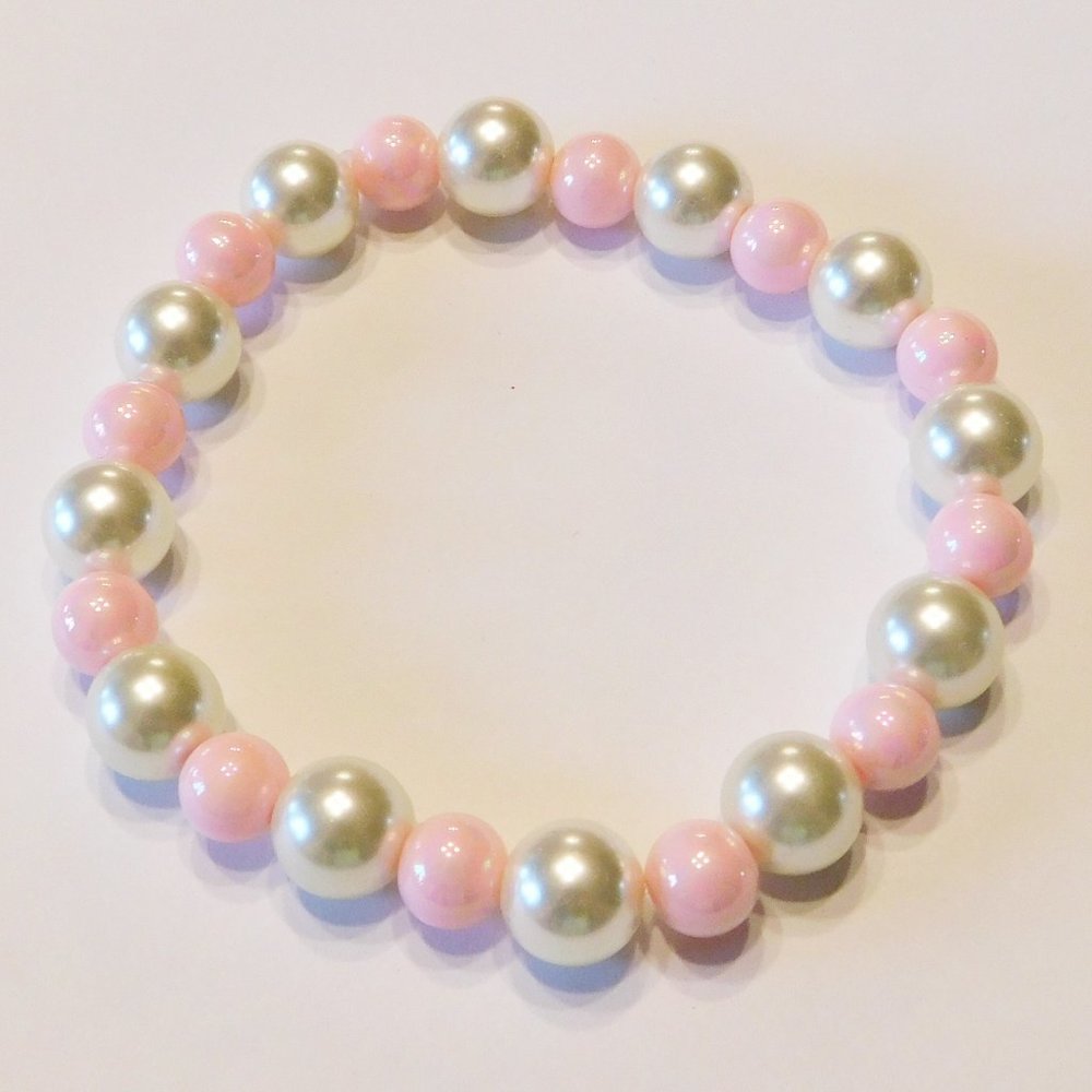 Handmade Faux Pearl & Pink Glass Beaded Stretch Bracelet - 7.75"